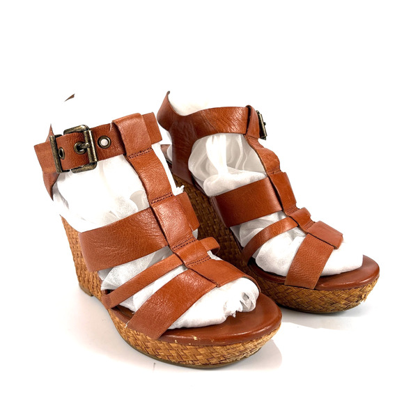 Jessica Simpson Heels Brown Leather Woven Wedge Sandals Size 8 - Picture 2 of 13